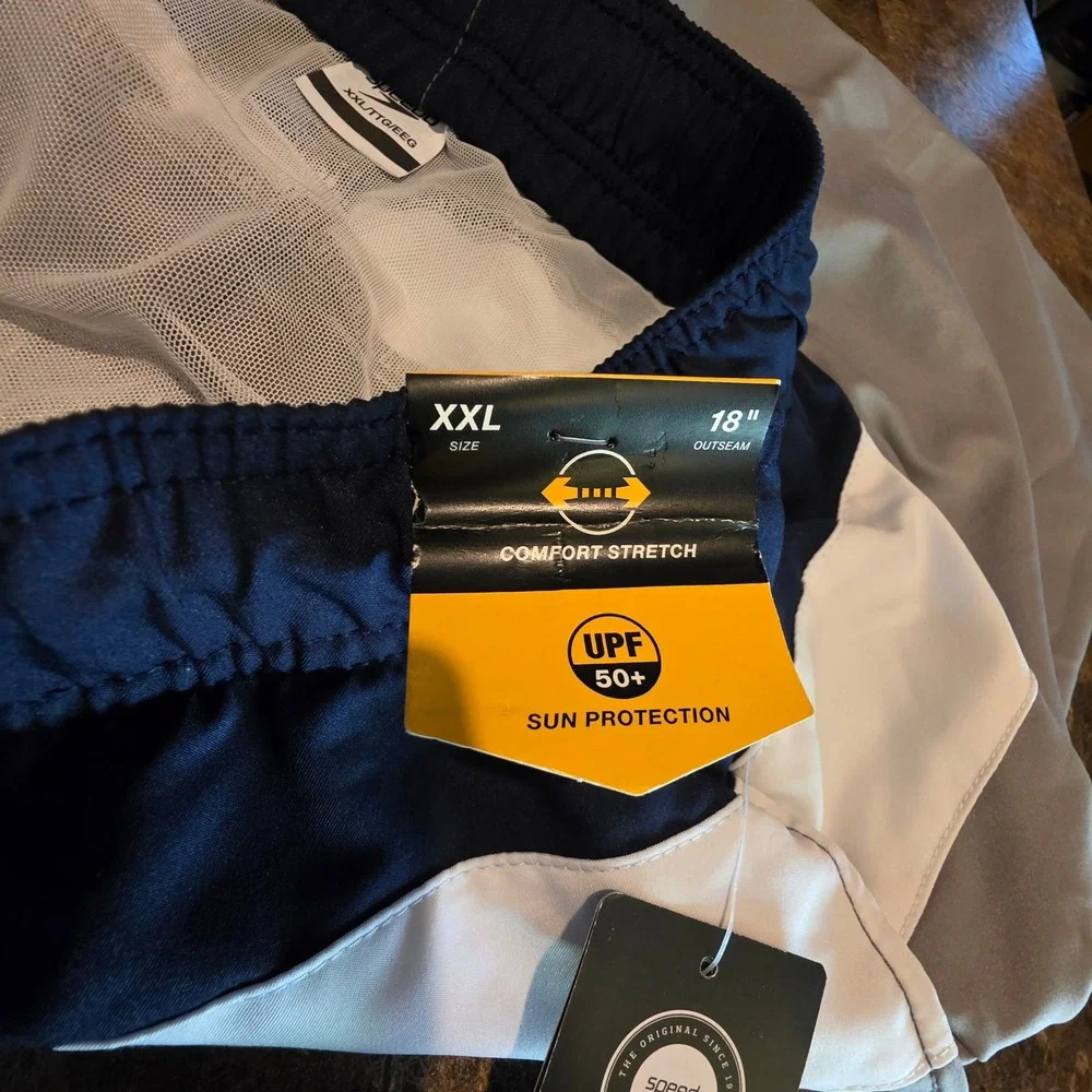 Speedo Mens Swim‎ Trunks XXL Navy White Grey Colorblock UPF 50+ Board Shorts NEW